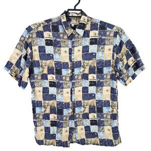 Mens Via Veneto Beige & Blue Geometric Rayon Shirt Button Up Short Sleeve Size L